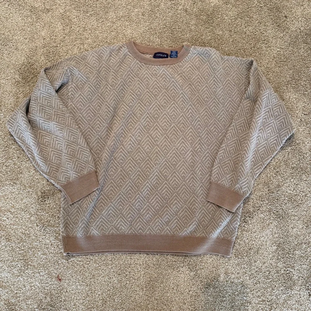 Gant Sweater Mens XL Tan Geometric Diamond Knit Crewneck Cotton Long Sleeve